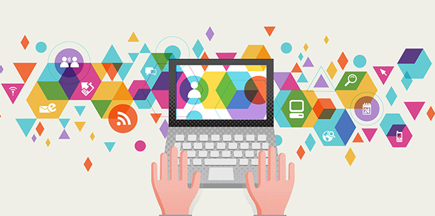 Illustration of hands using laptop with icons floating around