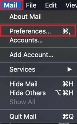 Screenshot of Preferences found under the Mail menu