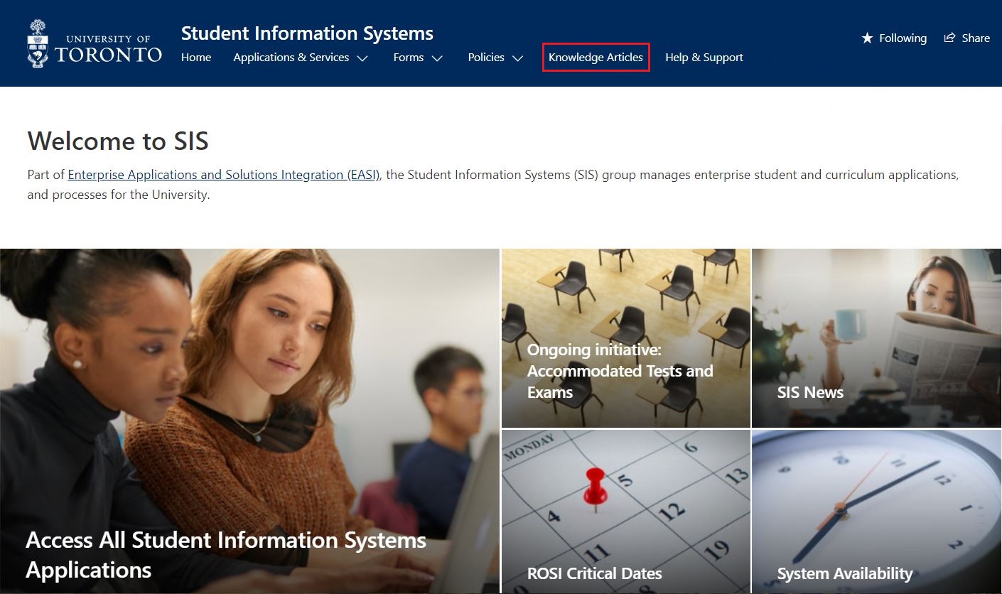 Screenshot of Student Information Systems SharePoint homepage