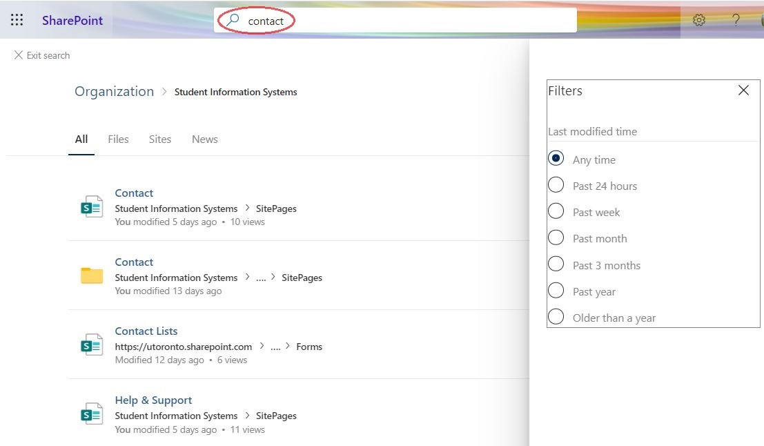 Screenshot of search function in SharePoint