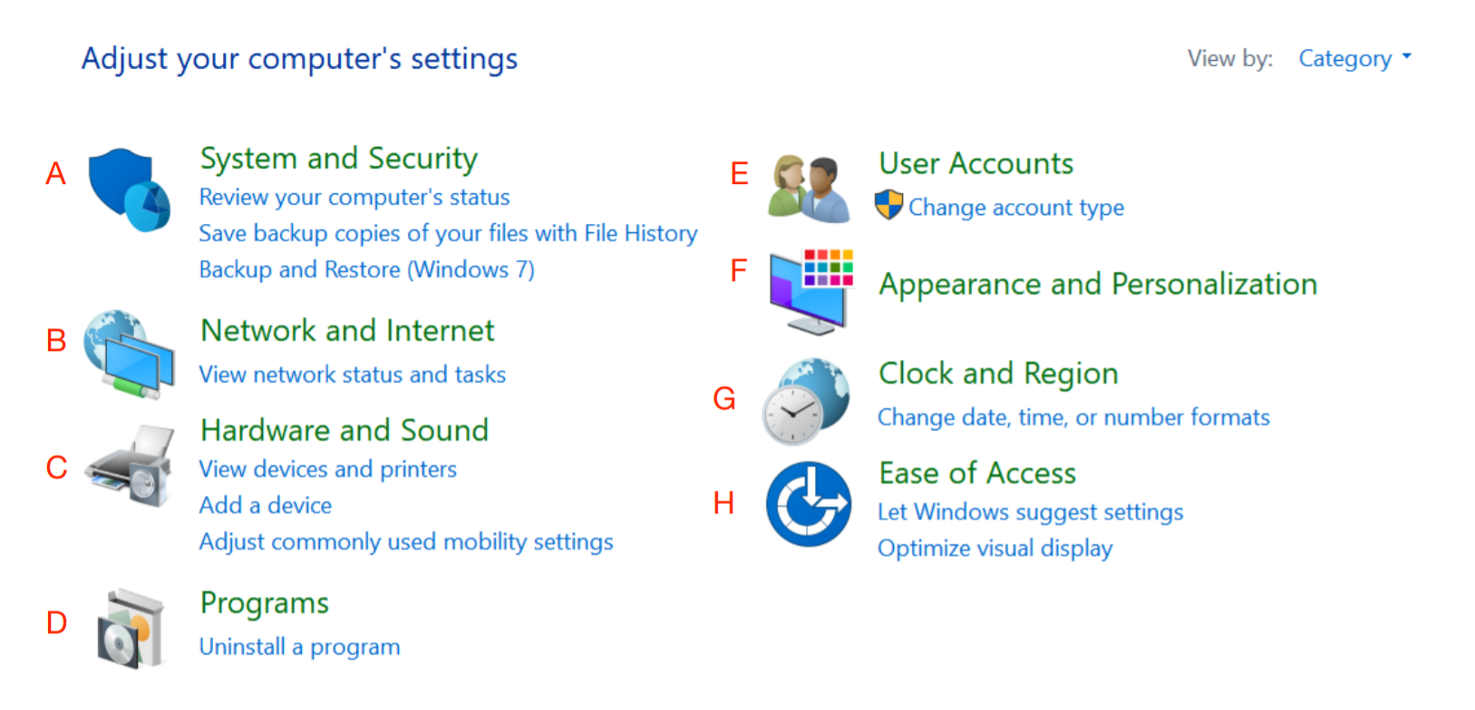 Control Panel options, A to H