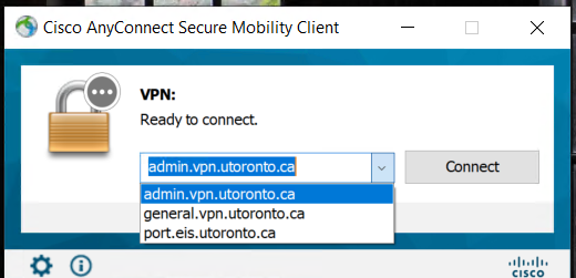 Screenshot of Cisco AnyConnect drop-down menu showing admin.vpn.utoronto.ca