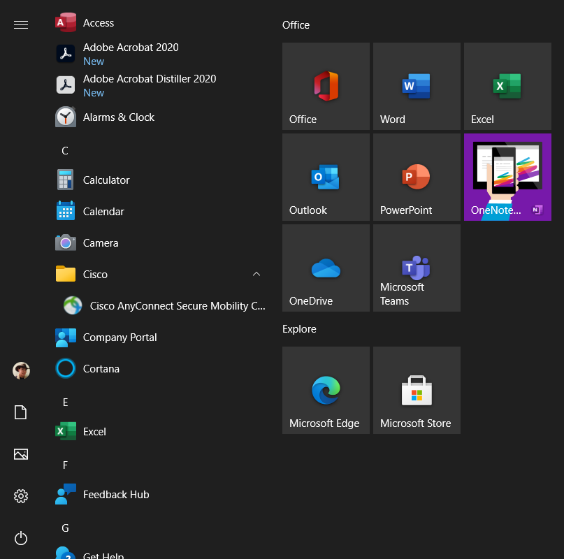 screenshot of the start menu showing Cisco AnyConnect