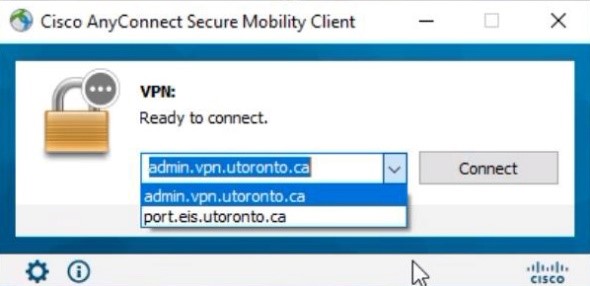 Cisco AnyConnect drop down menu showing admin.vpn.utoronto.ca