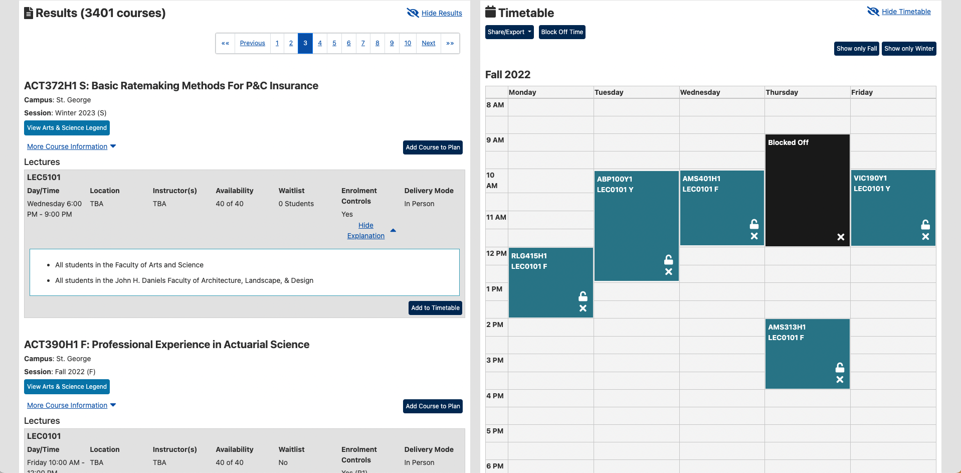 Timetable Builder application interface showing course details as well as a visual representation of timetable.