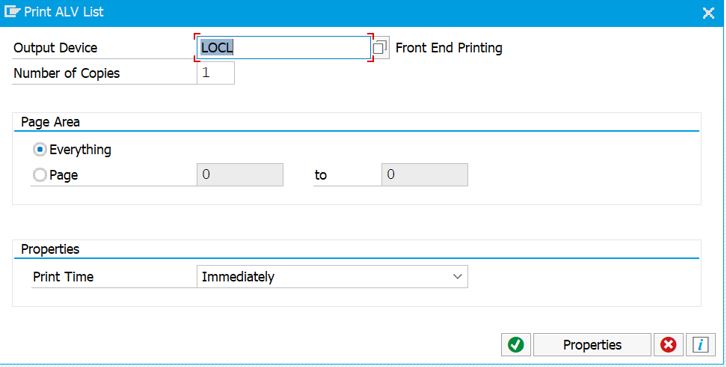 An image of the Output Device screen in SAP which has defaulted to "LOCL"