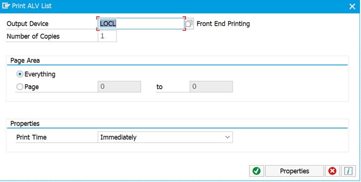 A screenshot showing LOCL as the defaul Output Device for Front End Printing