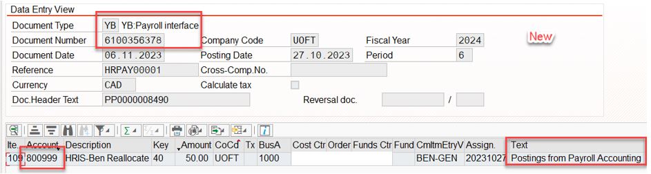 This screenshot explains the retro postdoc benefit levy is still posted to GL with SA type of document while the current postdoc benefit levy is posted with YP type document.