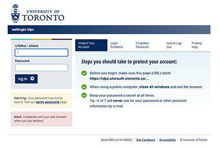U of T weblogin page which prompts users to enter their UTORid/JOINid and password
