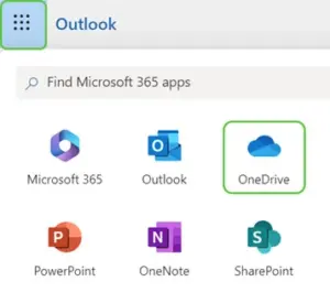 M365 App launcher showing how to select OneDrive