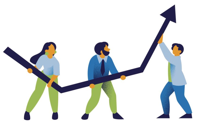 Illustration of a team directing an arrow on a chart upwards to demonstrate progress