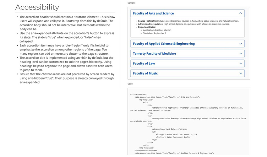 a screenshot from Figma showing specifications for accordion accessibility and a screenshot of the UI Library