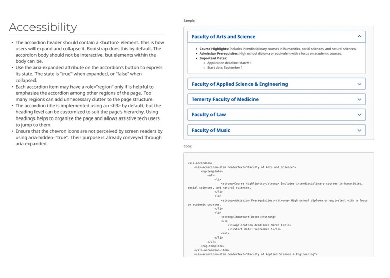 Screenshots of the design system describing accessibility for accordions and the UI Library showing markup